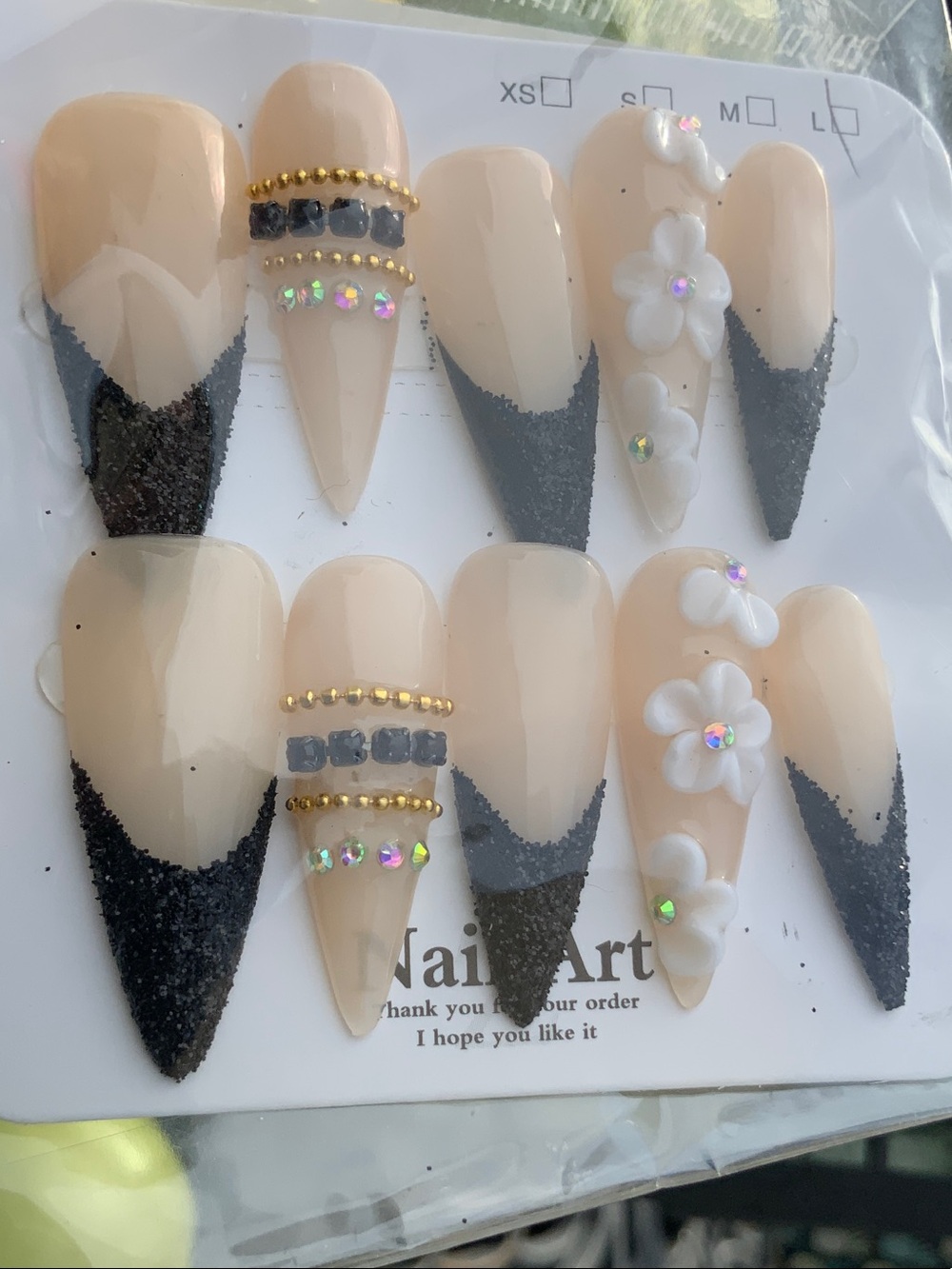 Nude & Black 3D Floral Press-On Nail Set